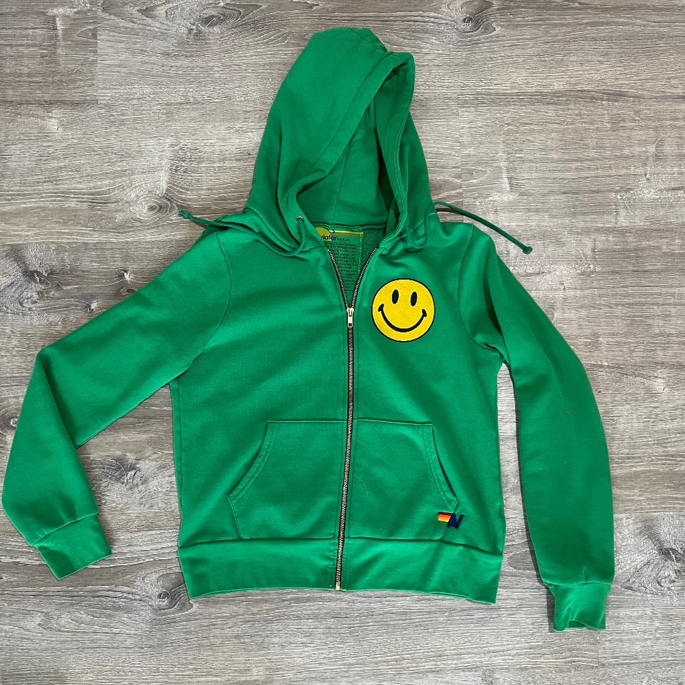 Aviator Nation Kelly Green Zip Smiley Face Hoodie  Sz small